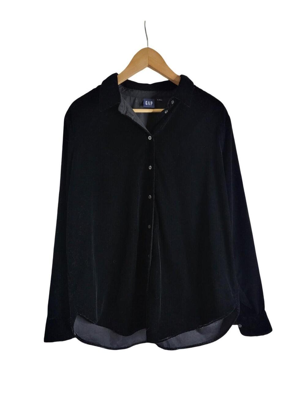 Gap Black Plush Velvet Boyfriend Shirt Oversized Long Sleeve Button Cuffs Size L